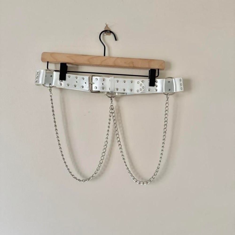 Metallic silver belt with chains faux leather vegan grunge emo alt rock stud